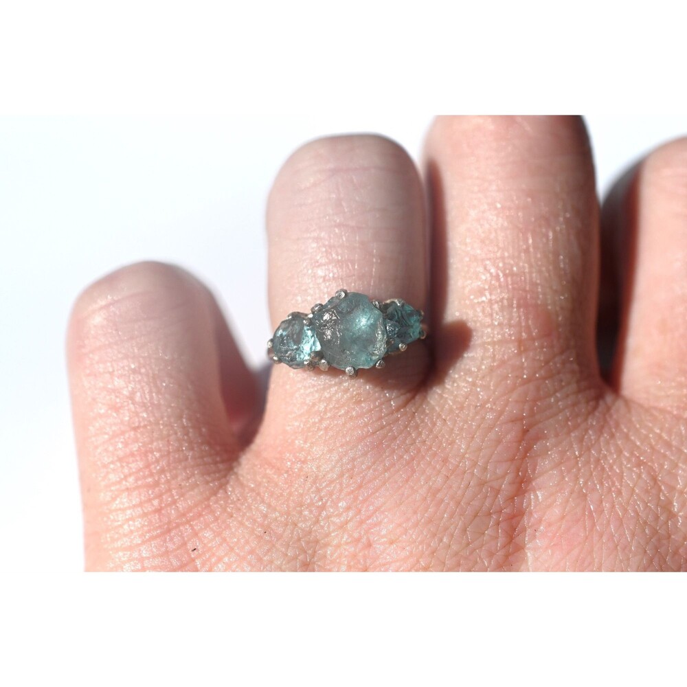 Aquamarine Ring, Rough Aquamarine Ring, Unique Engagement Ring, Three stone, Ste
